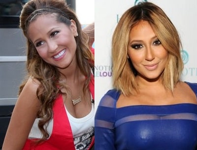 A picture of Adrienne Bailon before (left) and after (right) breasts implants.